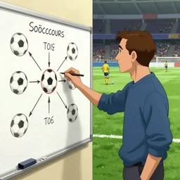 a man studying a white board with soccer tactics, a soccer match is being played behind him. Epic portrait by james gurney and mœbius.