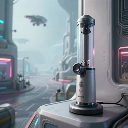 Nootropic gas dispenser, alien homeworld, street view, laboratory in the distance, neon lights, depth of field, alien vehicles in the sky, concept art, minimalistic structures, circuitry on the walls, unique atmosphere, high quality, highly detailed, scifi, Mass Effect artstyle, trending on ArtStation