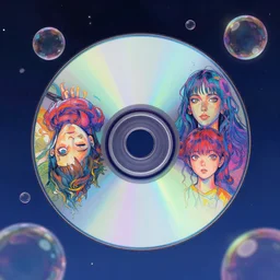 a floating cd surrounded by bubbles by inio asano, beeple and james jean, aya takano color style, 4 k, super detailed, night sky, digital art, digital painting, celestial, majestic, colorful