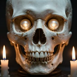 very detailed portrait of skull with pearl spheres glowing eyes + melting face skin as candles + 4 k hyper details render + dramatic lighting + cinematography photography