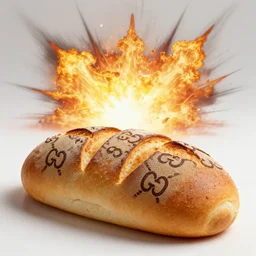 gucci bread, bread designed by gucci, bread with gucci pattern, dramatic explosions in the background, dramatic explosion