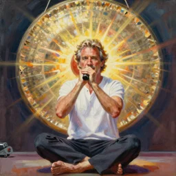 acrylic painting, portrait of James Coburn in lotus position banging a large gong
