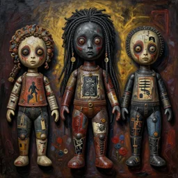 extremely highly detailed scary evil terrifying haitian black voodoo dolls paintings by Jean-Michel Basquiat 4k insanely detailed and intricate, super detailed, 4k HDR high quality