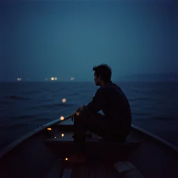 lomo photo of a man sitting on a boat in the stormy sea, cinestill, bokeh, out of focus, embers, dramatic lighting, night, dark, detailed, grainy, fog