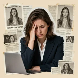 a portrait of a depressed journalist woman made in a magazine clipping collage style