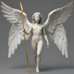 angelic humanoid monster with wings on its back and an upside-down marble face holding a golden spear, digital art, by Fernanda Suarez and and Edgar Maxence and greg rutkowski