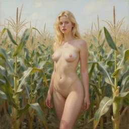 a character design of a posed petite blonde woman in a cornfield, great body, oil painting, pale colors, high detail, 8 k, wide angle, trending on artstation,
