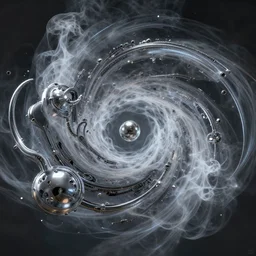 swirling abstract cyborg parts and bio - mechanical tendrils and ornate flowing smoke streams and liquid light streaks surround a small metallic sphere, cinematic, unreal engine
