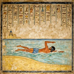 a man swimming at a beach, artwork by ancient egyptian mural, tomb, fresco, register, hieroglyphics.