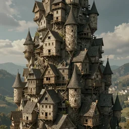 an infinite amount of medieval houses stacked on each other, concept art, very very very very tall, trending on deviantart, movie still, award wining photograph