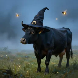 a detailed matte painting of a cow standing in a grassy field wearing a witch hat, cow wearing hat!!!! viewed in profile, glowing flying insects and fog in the background, black and blue color scheme with gold highlights, in the style of discworld and harry potter, 8 k