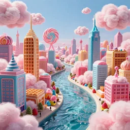 feature cyberpunk city made of candy, clouds made of cotton candy, buildings made of waffles, rivers made of caramel, mountains made of truffles, realistic