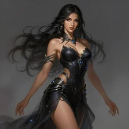 a highly detailed illustration of beautiful tan goddess wearing black cosmic dress, dramatic seductive pose, intricate, elegant, highly detailed, centered, digital painting, artstation, concept art, smooth, sharp focus, league of legends concept art, wlop.