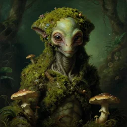 a close - up rococo portrait of an alien creature covered in moss, mushrooms, and swamp, 1 8 th century painting by jean - honore fragonard. front on view. gloomy green environment, blurry organic dark background. sci - fi renaissance masterpiece