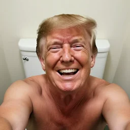 a selfie of donald trump in his toilet, extremely happy, highly detailed skin, photo