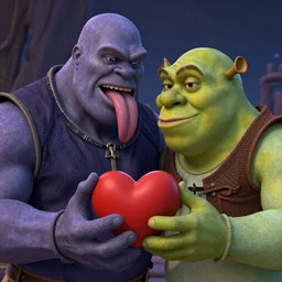 Shrek kidding thanos with tongue, love, heart land, high detail, realistic, intense, deep love, concept art, 8k, high contrast