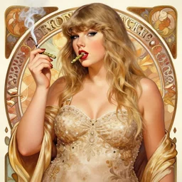 portrait of obese taylor swift smoking weed, intricate, elegant, highly detailed, digital painting, artstation, glamor pose, concept art, smooth, sharp focus, illustration, art by wlop, alphonse mucha and greg rutkowski