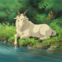 a rough digital painting of a centaur with furry goat legs lounging next to a river with a finger in the water in the forest, digital painting, fantasy, studio ghibli environment, overhead canopy