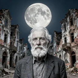 old white - headed man under the huge moon on a street of ruined city by beksinski, very coherent, baroque elements