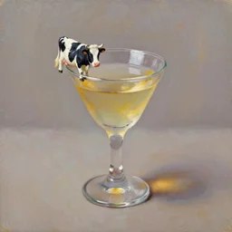 tiny miniature small cow in glass cocktail drink | oil painting | featured artstation | impressionist