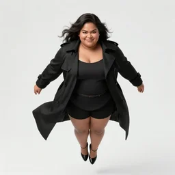 thick chubby tan - skinned filipina superhero, long black trench coat, sly grin, fully clothed, exaggerated perspective, flying toward camera, beautiful detailed face, bright blue hair, action pose, comic book style, highly detailed, dynamic shadows, dynamic lighting, geoff johns, jason fabok, jason fabok, brad anderson, splash art