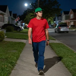 a guy in his mid 2 0 s wearing a red t - shirt and blue pants and sporting a green cap walking on the sidewalks in a middle - class neighbourhood at night ( great details, photo - realistic, hyperrealistic, the moon light is reflecting the surface, good quality, uhd, 8 k )