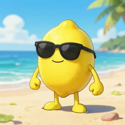 a lemon character wearing sunglasses on the beach, greg rutkowski