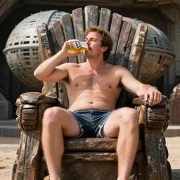 a white male beach bum with a mustache drinking a busch beer sitting on a throne on the death star