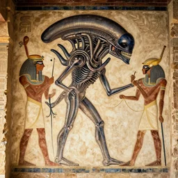 ancient egyptian art of [ xenomorph by giger ] from alien movie, as a mural