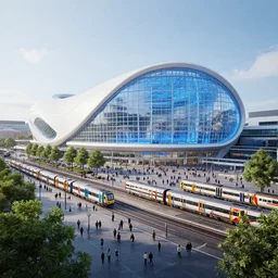 outside view of futuristic manchester and giant white glass train station with blue lights, crowded square, trains, trees, volumetric light, hyperdetailed, artstation, cgsociety, 8 k