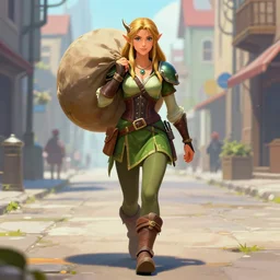 a pretty dwarven woman walking in city streets holding a heavy bag, by johan grenier, fantasy artwork, secret of mana, vibrant, smooth, centered