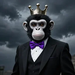 portrait of a black and white anthropomorphic monkey king wearing a purple bow tie and a black suit with stormy weather in the background by greg rutkowski, realism, dark fantasy, trending on artstation