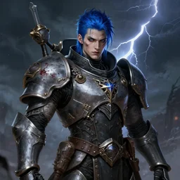 portrait of beautiful gothic and futuristic young man, warhammer, cyber armor, a lot of more and more scars, thunderstorm, blue head, the middle ages, highly detailed, artstation, illustration, more and more composision, 8 k quality, art by greg gandy, vincent disederio