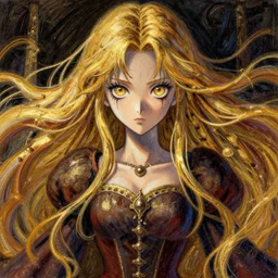 recursive image with a dangerous girl, medieval, large eyes, her long hair flowing, surreal, oil pastels and gold, in the style of katsuhiro otomo, modeled in poser, redshift render, uhd