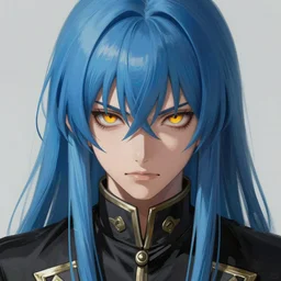 full face shot of rimuru tempest, sky blue straight hair, long bangs, with amber eyes, wearing a fancy black jacket, high collar, beautiful, ultra detailed, brush strokes, digital painting, cinematic, wlop artstation, closeup, pixiv, intense, intimidating glare, photorealistic, overpowering, rossdraws, andy warhol,