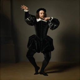 renaissance portrait painting of bully maguire dancing in a black costume, in the style of rembrandt