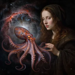 a closeup portrait of a cloaked woman floating next to an octopus nebula, octopus nebula, by jan van eyck