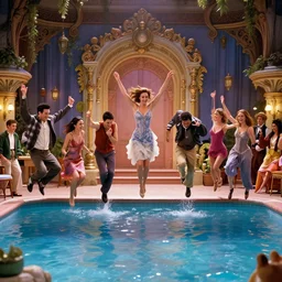 the cast of friends jumping into a pool, fairy tale, stunning, surrounding cinematic light, hyper detailed, ornate and intricate, 4 k cinematic octane render