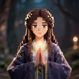 symmetrical portrait of the goddess of magic, by thomas kinkade, pixel character concept, digital art, cinematic lighting, ray tracing, octane render, long lens, shallow depth of field, bokeh, anamorphic lens flare, 8 k, hyper detailed, 3 5 mm film grain