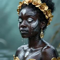 hyperrealistic post - classical cinematic very beautiful! black oshun goddess with white! eyes in water, white body paint, mirror dripping droplet!, gold flowers, highly detailed digital art masterpiece, smooth etienne sandorfi eric zener dramatic pearlescent soft teal light, ground angle uhd 8 k, sharp focus