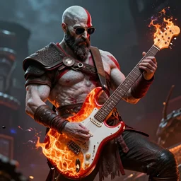 sunglasses wearing kratos rocking out on a flaming stratocaster axe, cinematic render, god of war 2 0 1 8, playstation studios official media, lightning, flames, red stripe, red stripe