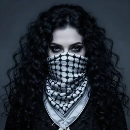 curled perspective digital art of a dark hair woman with face covered by arafat arab scarf by anton fadeev from nightmare before christmas