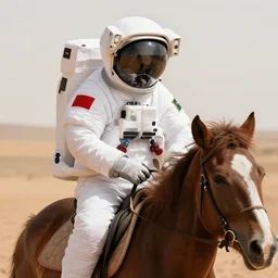 a closeup photo of an astronaut riding a horse on the mars