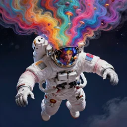 astronaut floating in space with head bursted into colorful liquid smoke and clouds, an extremely colorful psychedelic experience, warping time and space, magic mushrooms, psilocybin, lsd, face, detailed, intricate, elegant, highly detailed, digital painting, artstation, concept art, smooth, sharp focus, illustration, art by krenz cushart, hana yata, and artem demura and alphonse mucha, octane render, unreal engine, 8 k