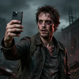 a man taking a selfie in a zombie apocalypse