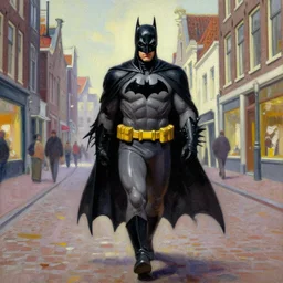 batman walking the streets in maassluis centre, oil painting by mike mignola, moebius