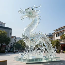 “product photo of a 60 feet tall translucent glass dragon statute, made out of glass, in time Square, ultra realistic, artstation, society, UHD ”