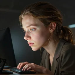 photo, woman with gigantic enormously huge head working on pc, volumetric lighting