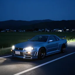 Beautiful Photograph of Nissan Skyline R34  on a road in Japanese country-side, nightime, , dynamic lighting
