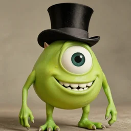 Mike Wazowski wearing a monocle and top hat, old photography, realism, hyperrealism, trending on artstation, 4k